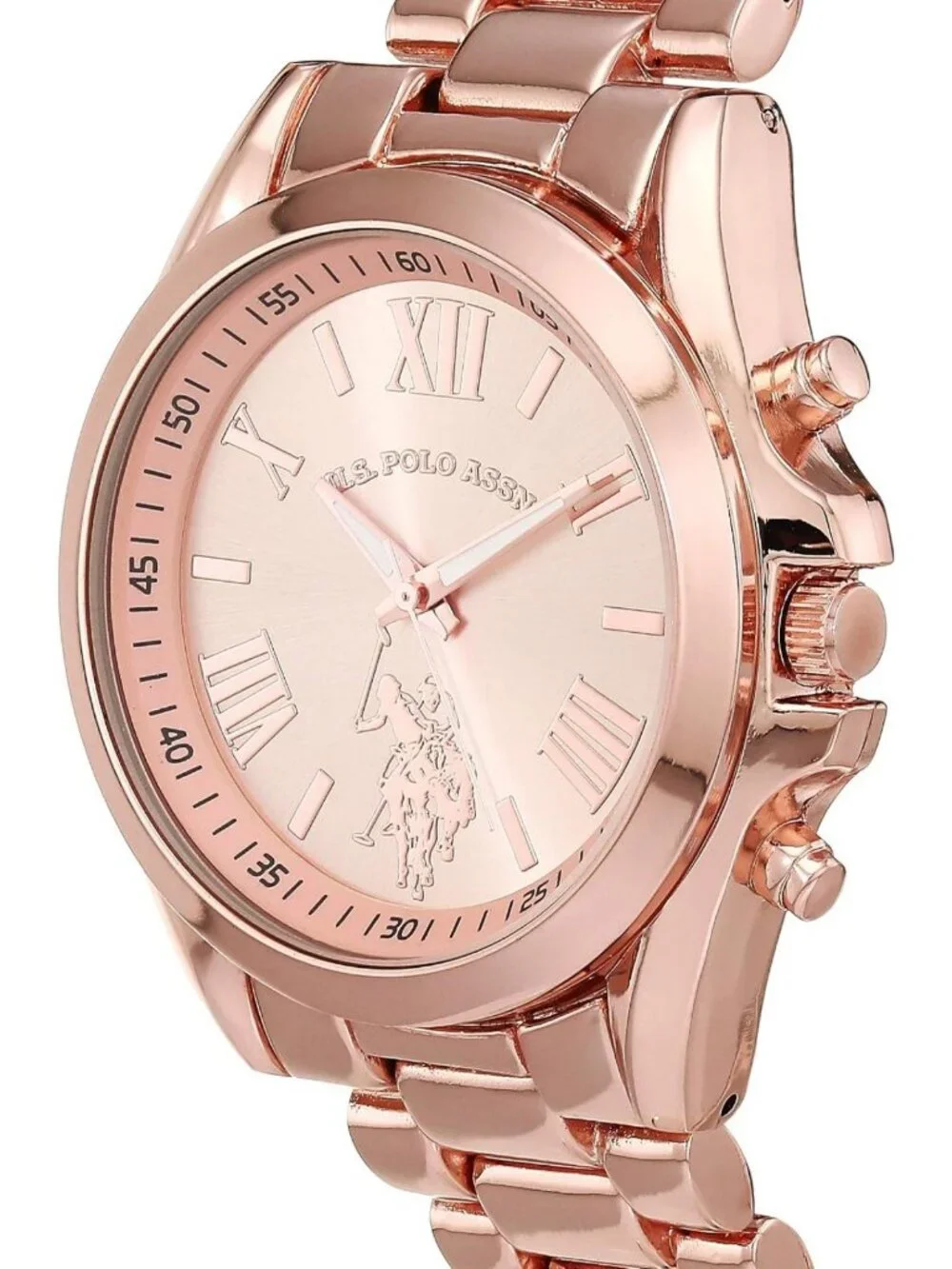 Stylish Rose Gold Chronograph Watch with Roman Numerals & Durable Metal Bracelet